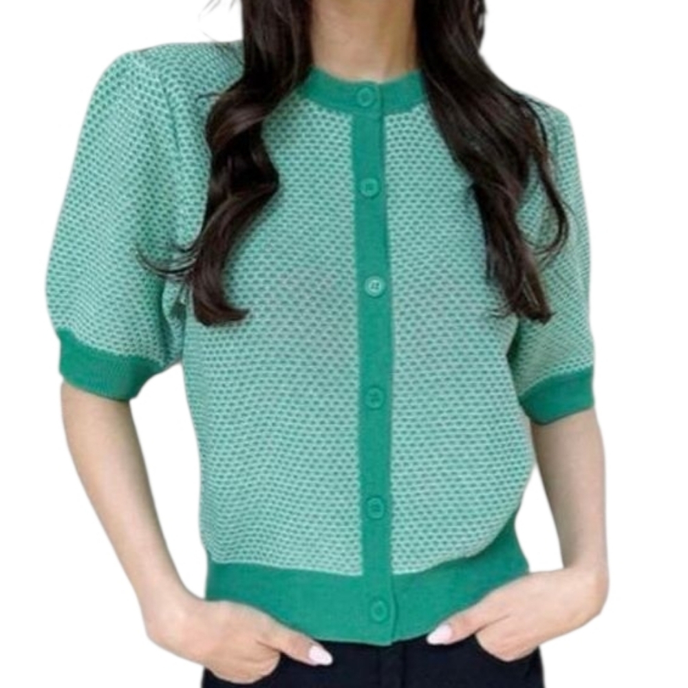 GRL Raven Knit voluminous Short sleeves Cardigan Green White OS